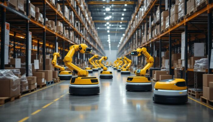 A photograph of a bustling amazon warehouse floor
