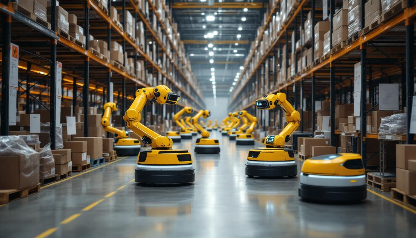 A photograph of a bustling amazon warehouse floor