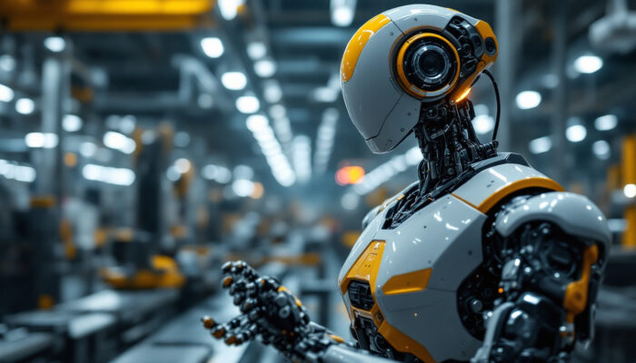 A photograph of a modern industrial robot in action on a factory floor
