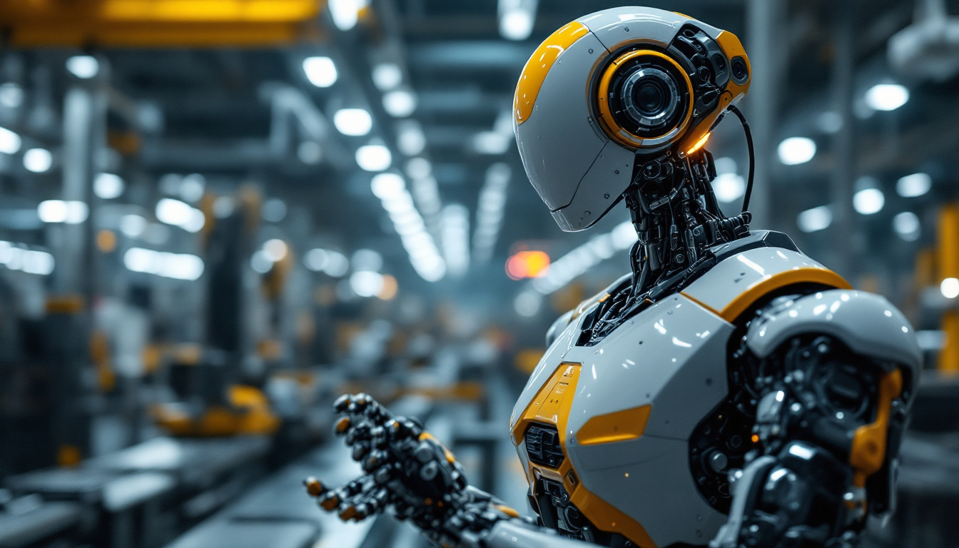 A photograph of a modern industrial robot in action on a factory floor