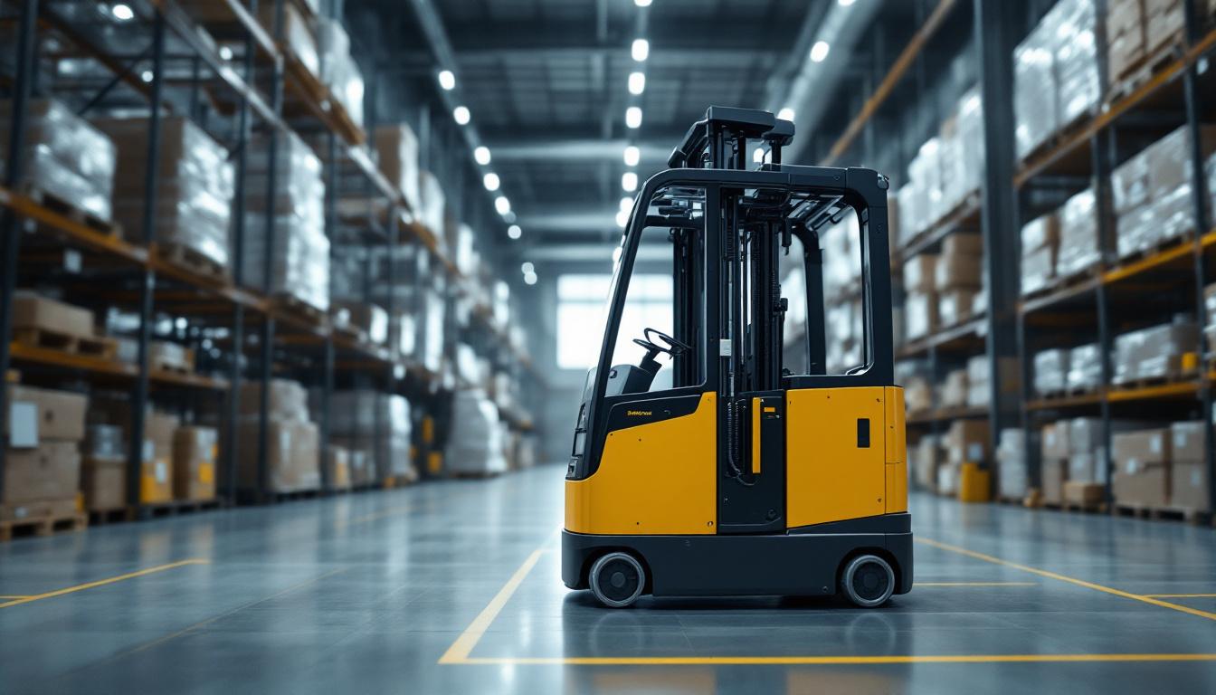 A photograph of a modern industrial robotic forklift in action within a warehouse setting