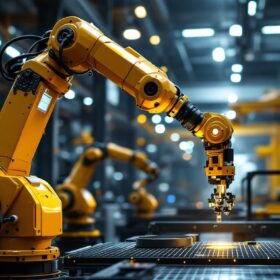 A photograph of a sleek industrial robotic arm in action within a modern manufacturing environment