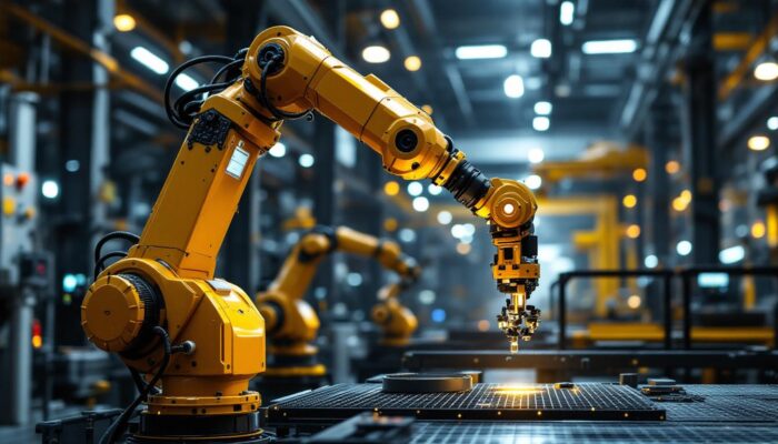 A photograph of a sleek industrial robotic arm in action within a modern manufacturing environment