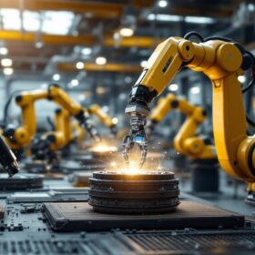 A photograph of a modern industrial setting featuring advanced robotic arms in action