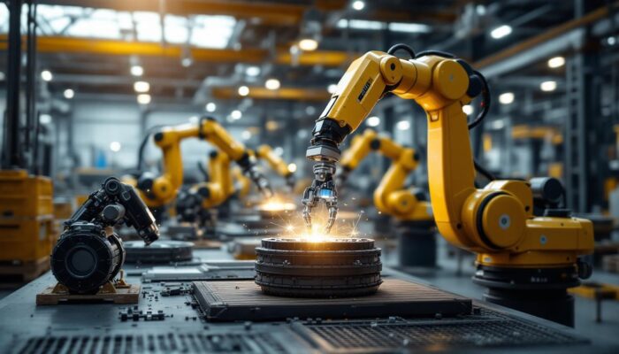 A photograph of a modern industrial setting featuring advanced robotic arms in action