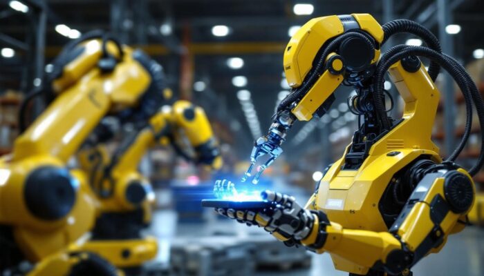 A photograph of capture a photograph of an amazon facility in shreveport showcasing industrial robots in action