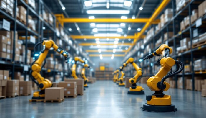 A photograph of a modern warehouse environment showcasing industrial robots in action