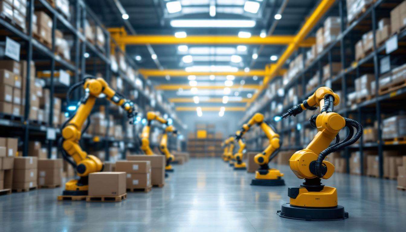 A photograph of a modern warehouse environment showcasing industrial robots in action