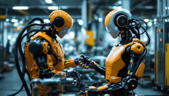 A photograph of a modern industrial robot in action within a manufacturing setting