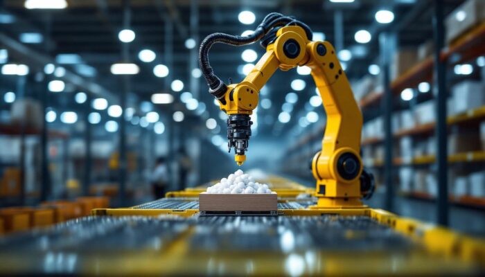 A photograph of a sleek industrial robotic arm in action