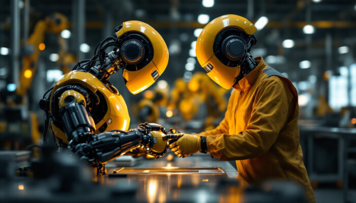 A photograph of a collaborative robot working alongside human operators in an industrial setting