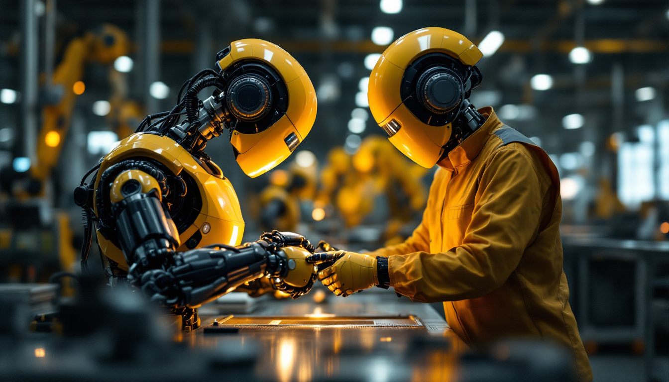 A photograph of a collaborative robot working alongside human operators in an industrial setting