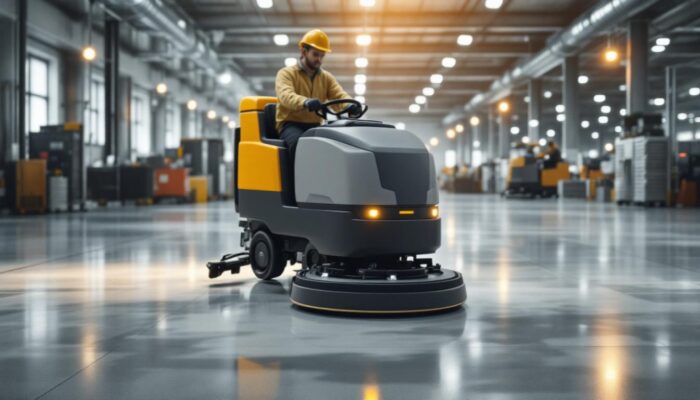A photograph of a modern industrial floor scrubber machine in action within a large commercial space