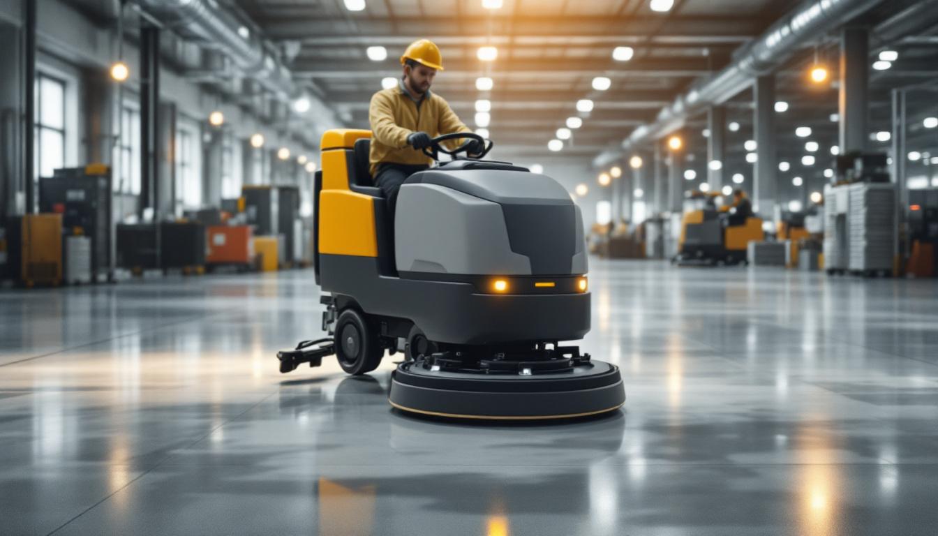 A photograph of a modern industrial floor scrubber machine in action within a large commercial space