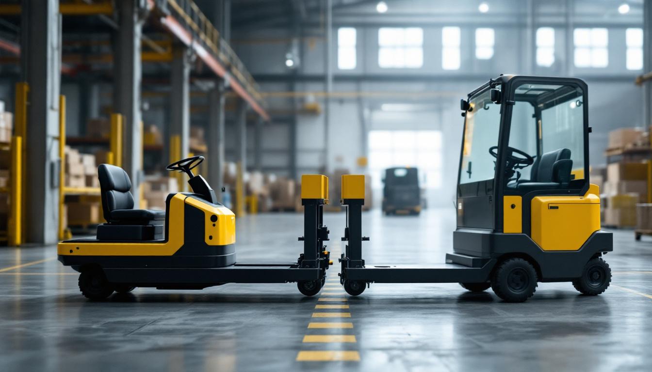 A photograph of a side-by-side comparison of an electric tugger and an electric tow vehicle in an industrial setting