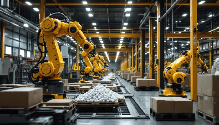 A photograph of a modern warehouse environment showcasing industrial robots in action