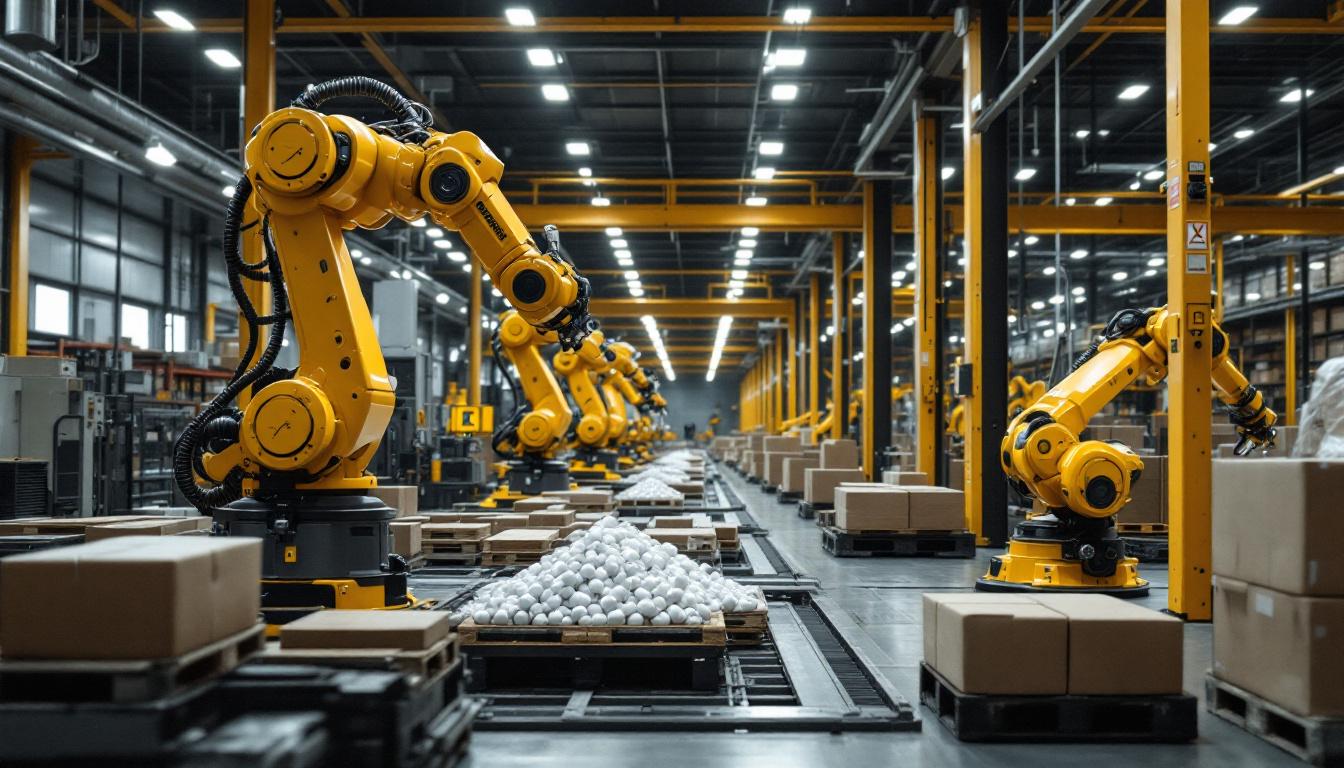 A photograph of a modern warehouse environment showcasing industrial robots in action
