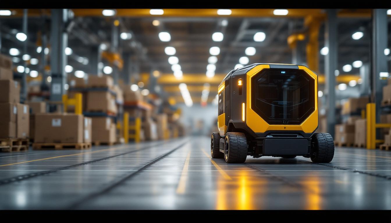 A photograph of capture a photograph of a jbt automated guided vehicle in action within an industrial setting