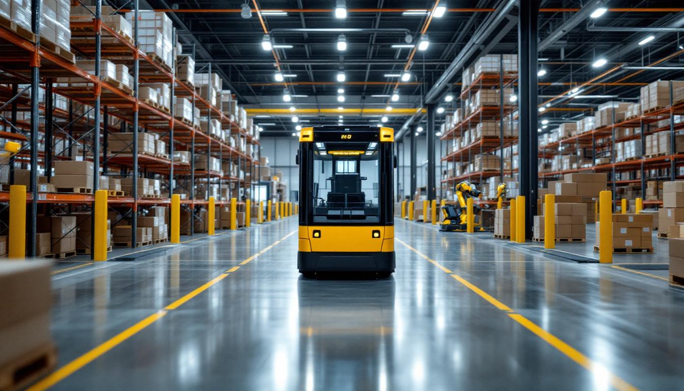 A photograph of a modern warehouse environment showcasing an automated guided vehicle (agv) in action