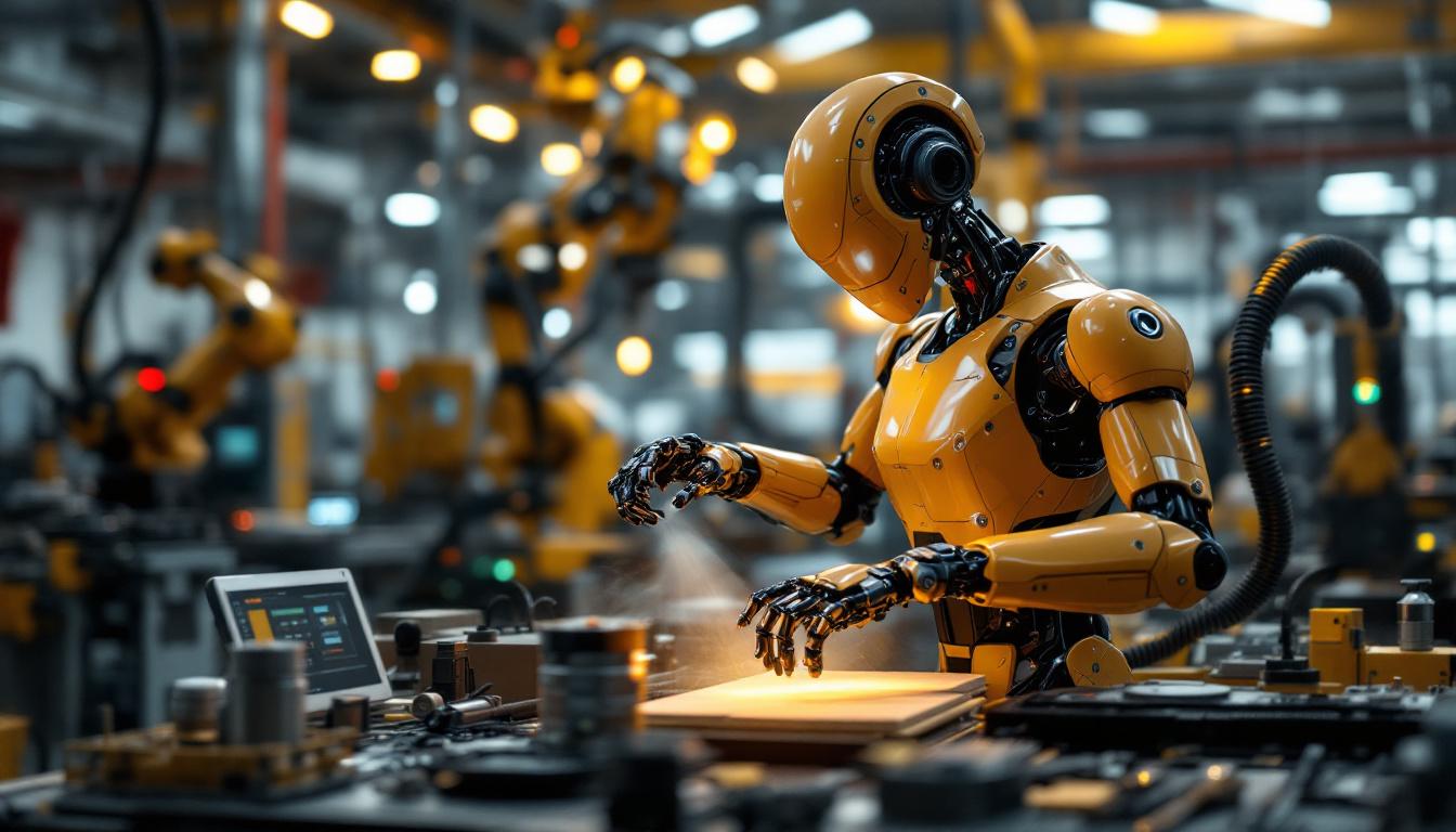 A photograph of a sleek industrial robot in action within a manufacturing environment