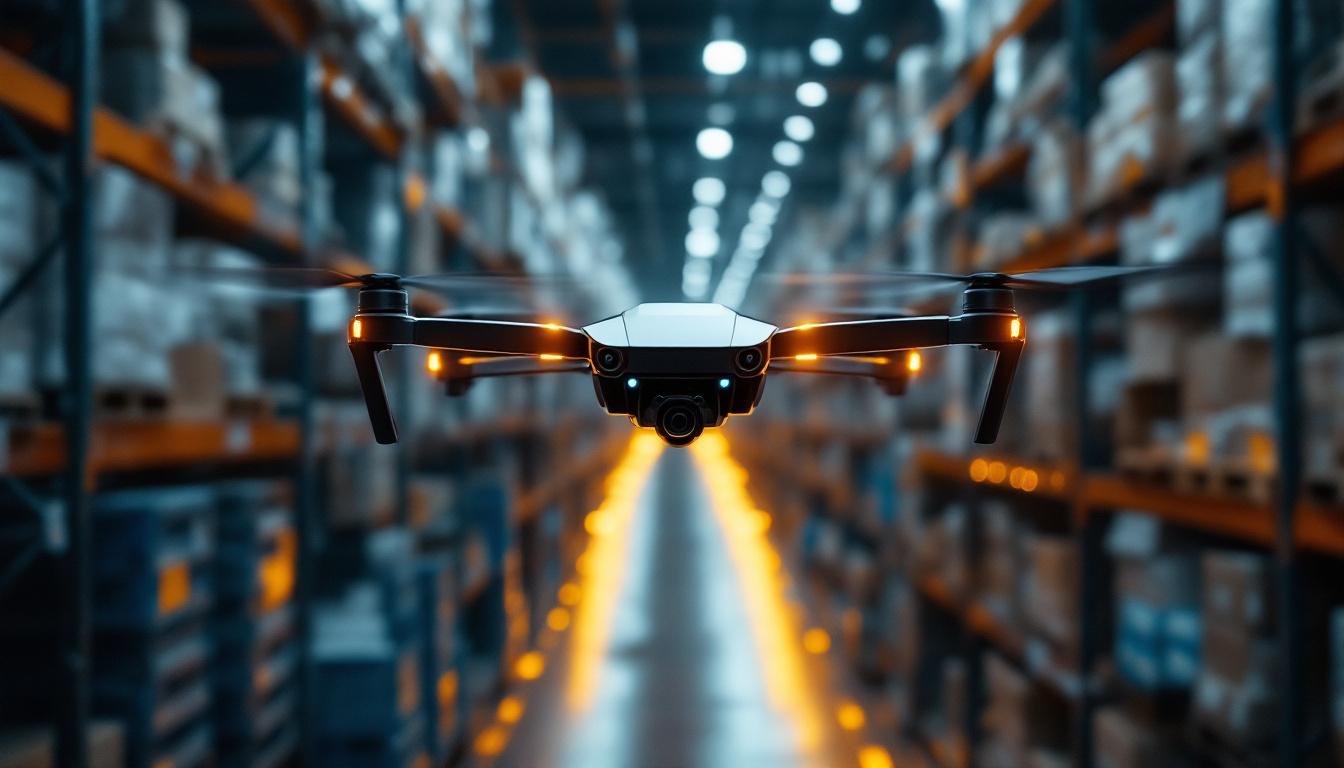 A photograph of a sleek warehouse drone in action