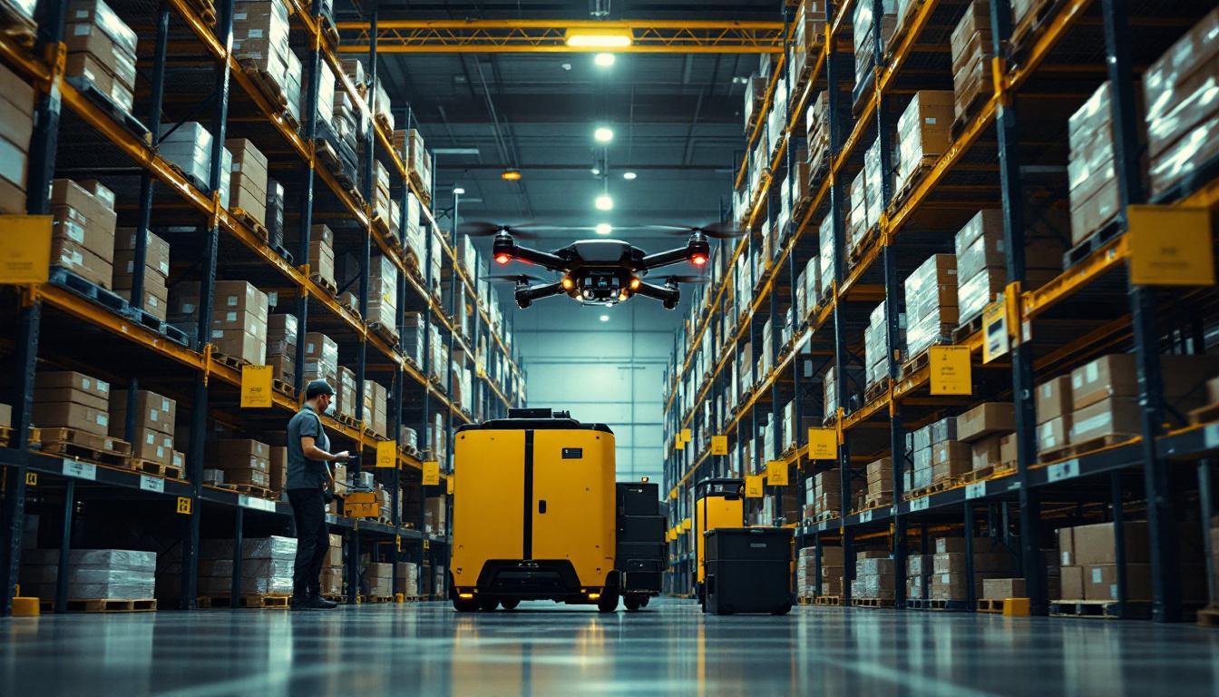 A photograph of a high-tech warehouse environment featuring drones in action