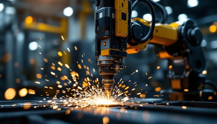 A photograph of a high-tech industrial robot equipped with a laser cutting tool in action