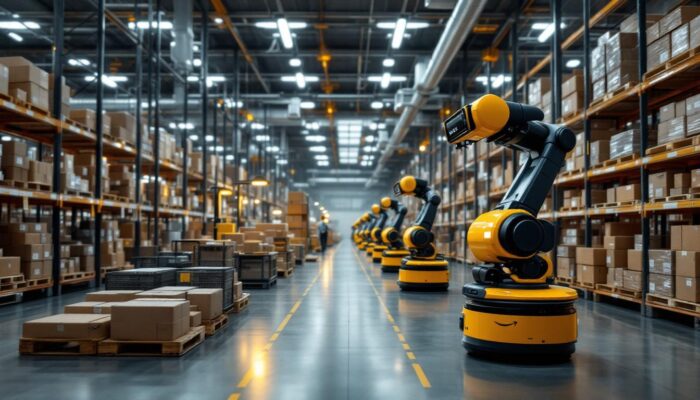 A photograph of a bustling amazon warehouse interior
