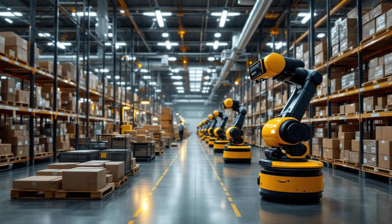 A photograph of a bustling amazon warehouse interior