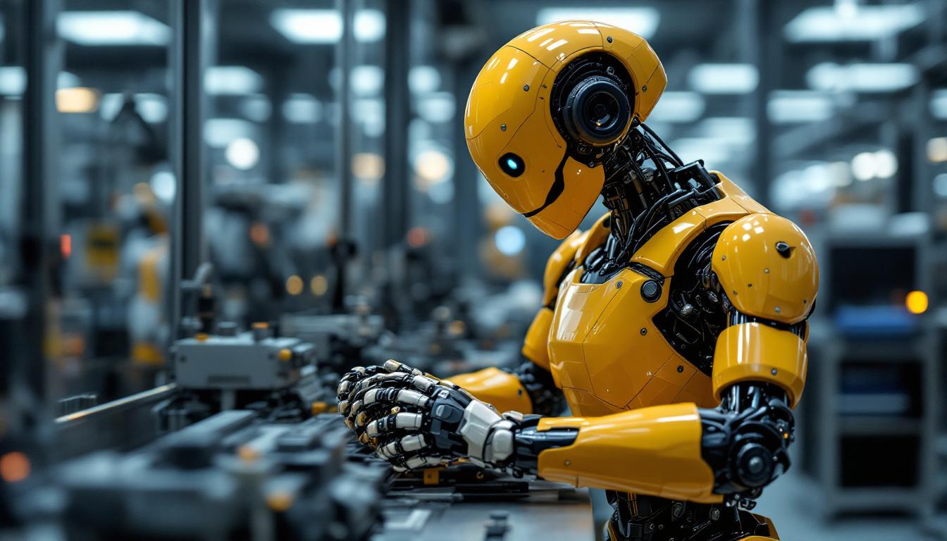 A photograph of a sleek industrial robot in action within a modern manufacturing environment