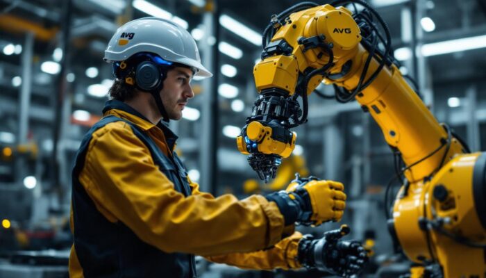 A photograph of a skilled technician wearing an avg helmet while operating a sophisticated industrial robotic arm in a modern manufacturing environment