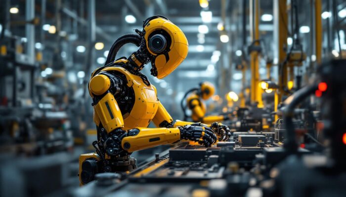 A photograph of a modern industrial robot in action on a factory floor