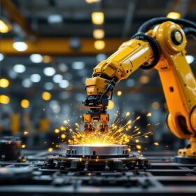 A photograph of a sleek industrial robotic arm in action