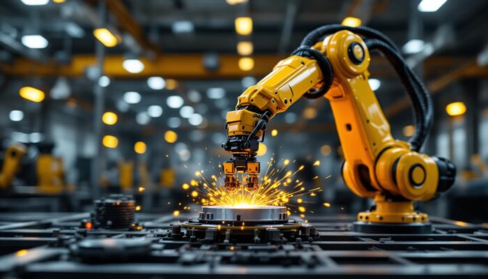 A photograph of a sleek industrial robotic arm in action