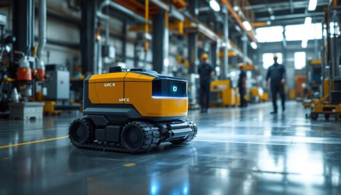 A photograph of capture a photograph of a sleek uvc robot in action within an industrial setting