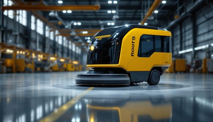 A photograph of a sleek industrial robotic cleaning machine in action