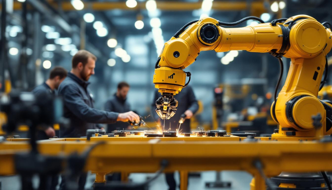 A photograph of a modern industrial setting showcasing a robotic arm in action