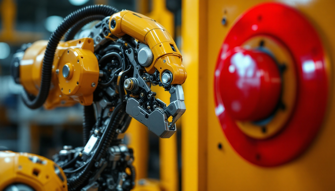 A photograph of a close-up of an industrial robot in action