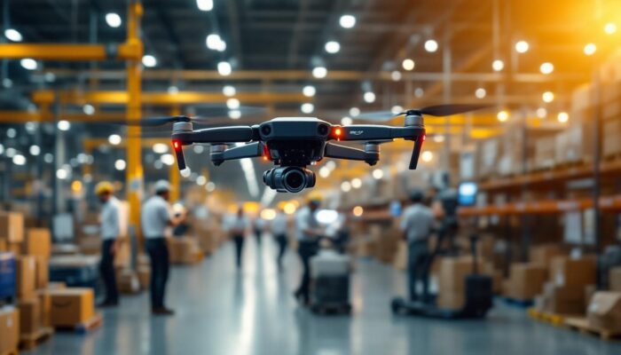 A photograph of a bustling amazon warehouse featuring drones in action