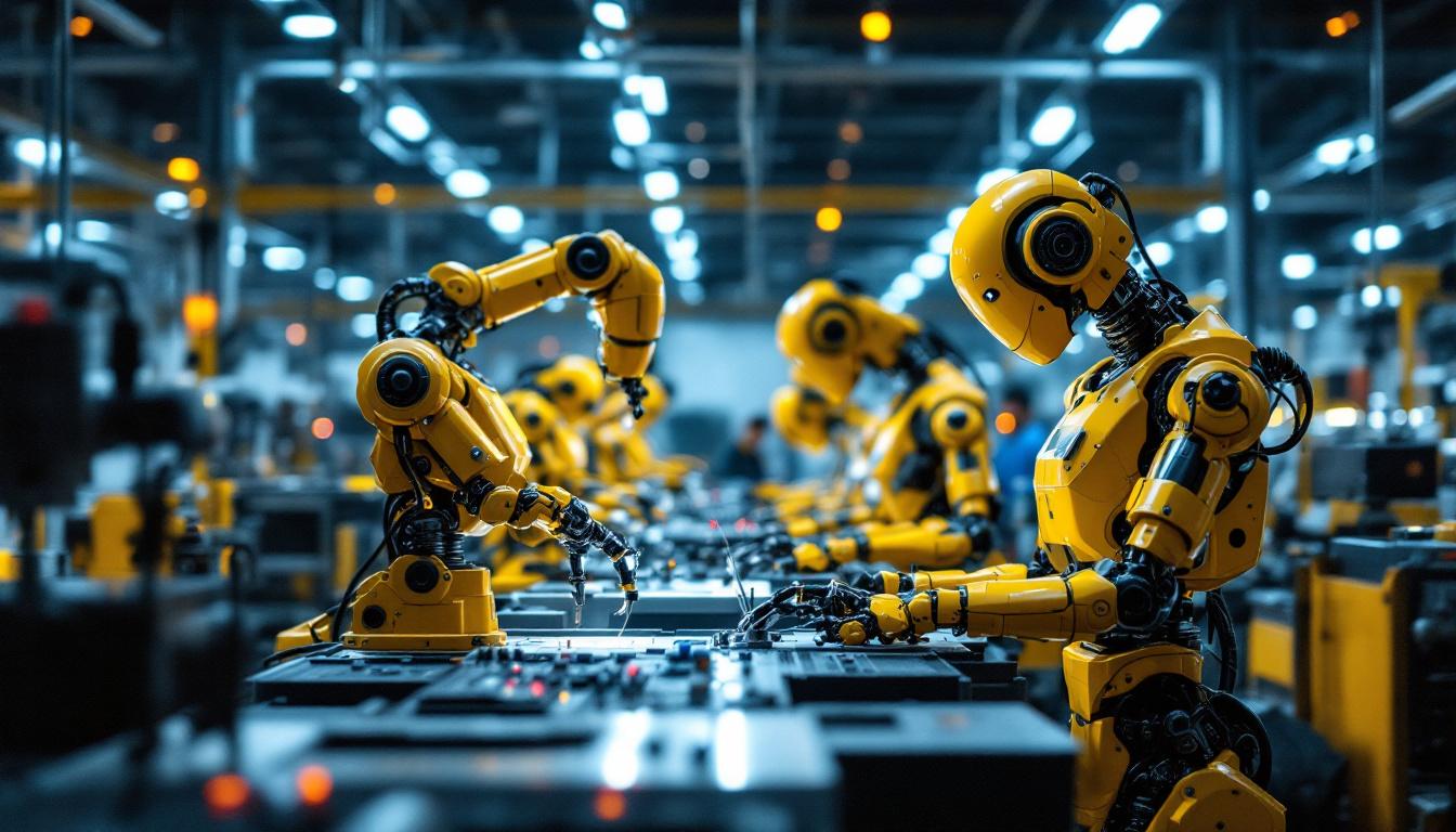 A photograph of a factory floor where industrial robots are actively working alongside human workers