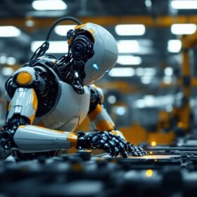 A photograph of a sleek industrial robot in action