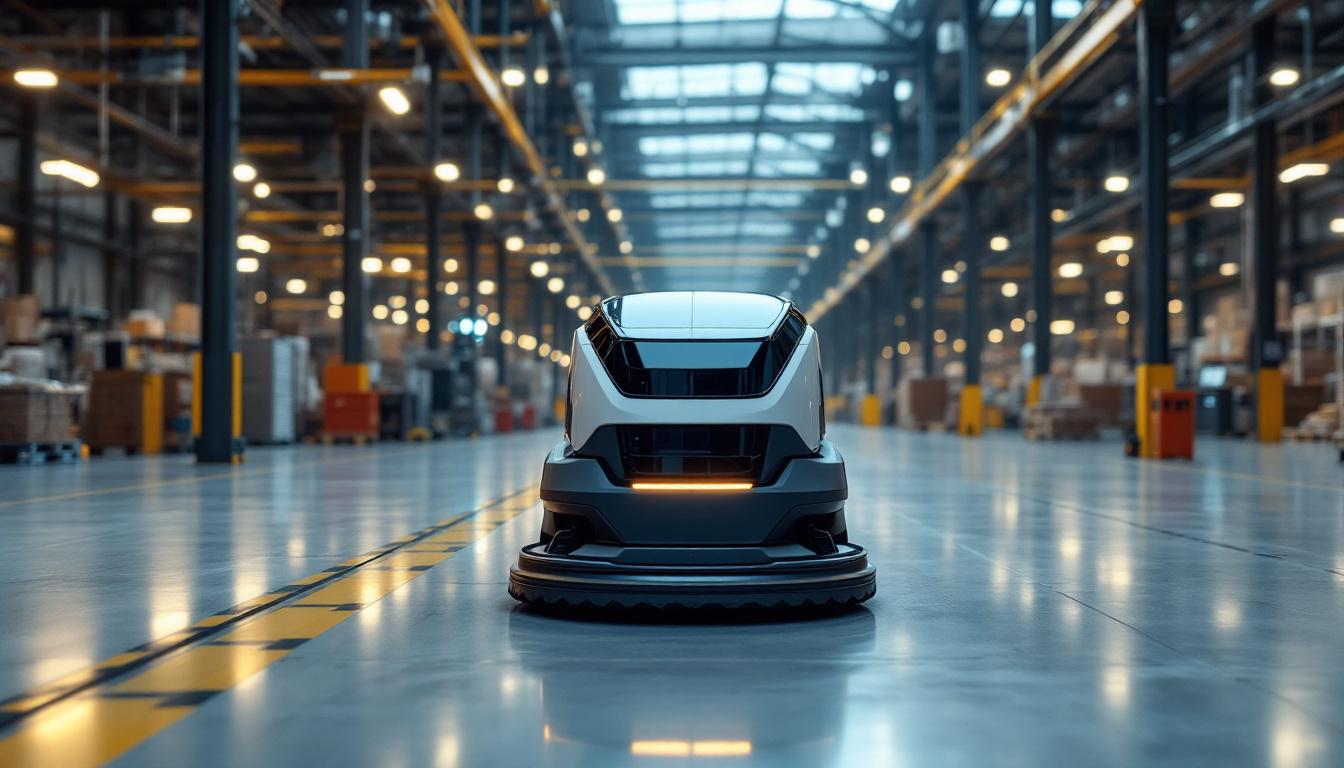 A photograph of a sleek industrial robotic floor cleaner in action