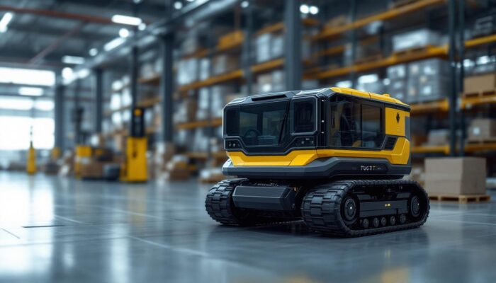 A photograph of a tug vehicle in action within an industrial setting