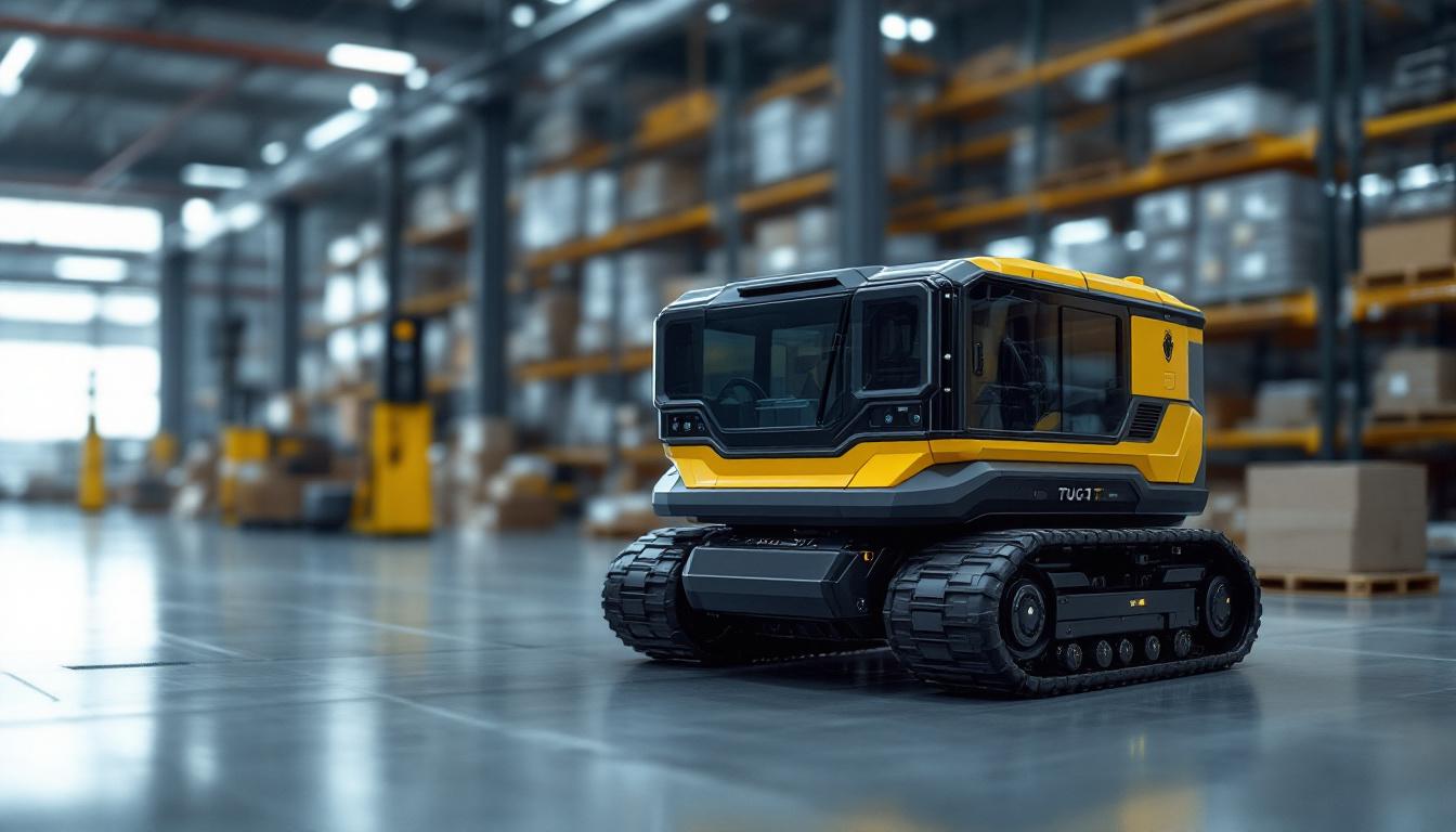 A photograph of a tug vehicle in action within an industrial setting