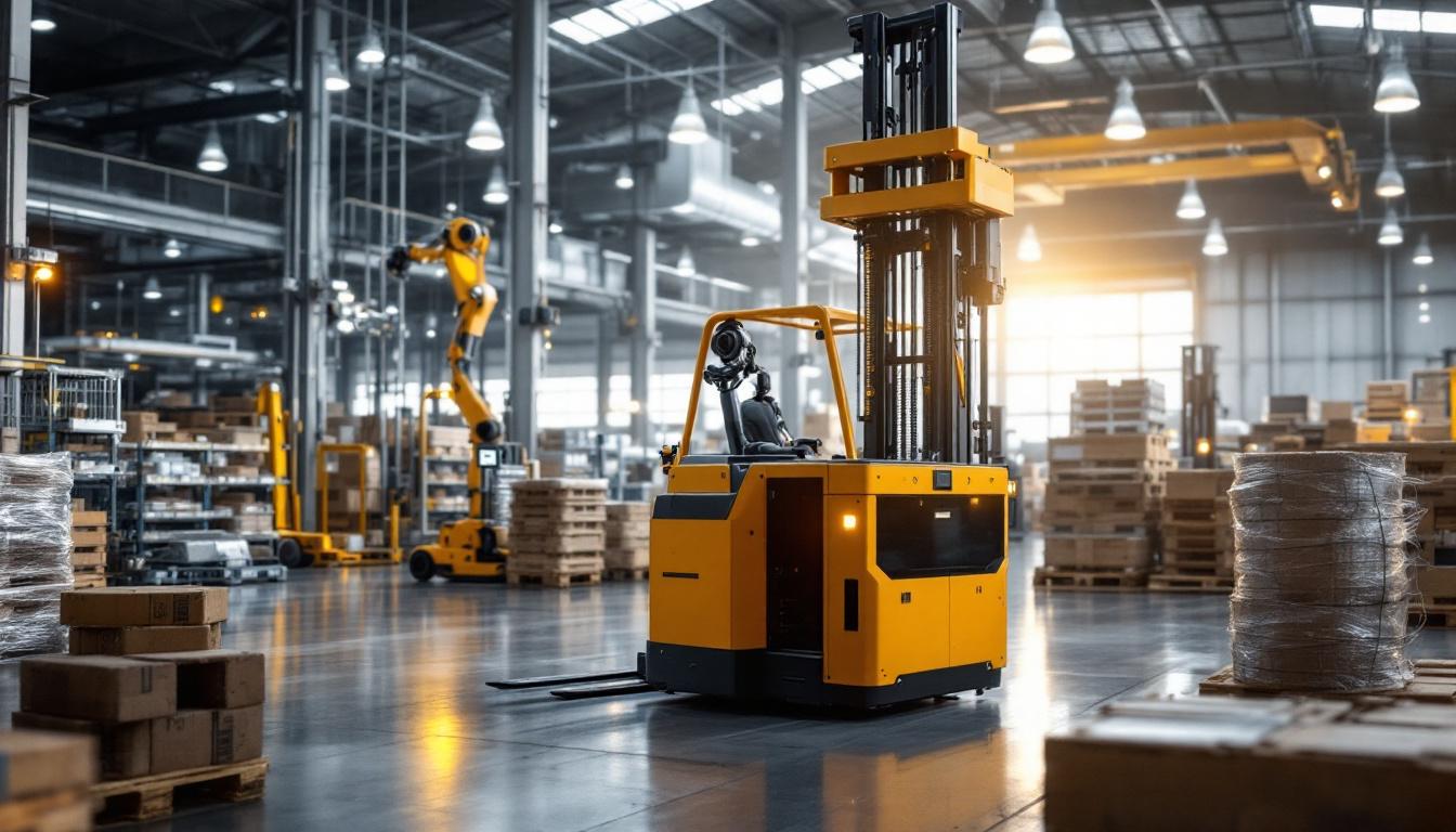 A photograph of a modern industrial setting showcasing a variety of robotic forklifts and automated machinery in action