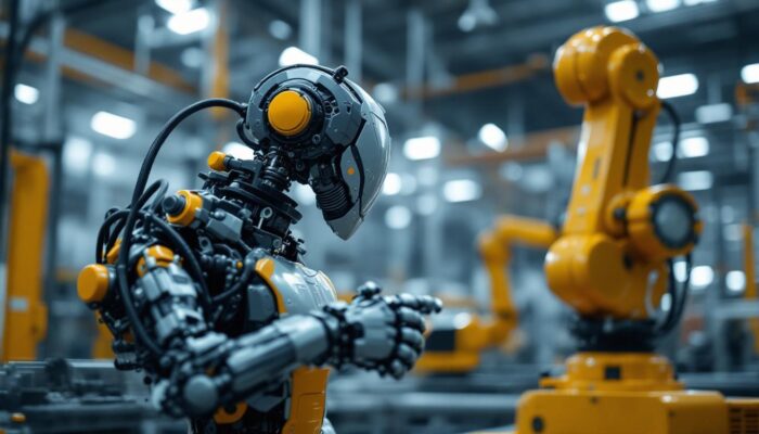 A photograph of capture a photograph of a swiss mile robot in action within an industrial setting