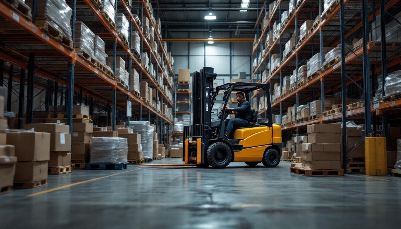 A photograph of a forklift truck maneuvering in a tight industrial space