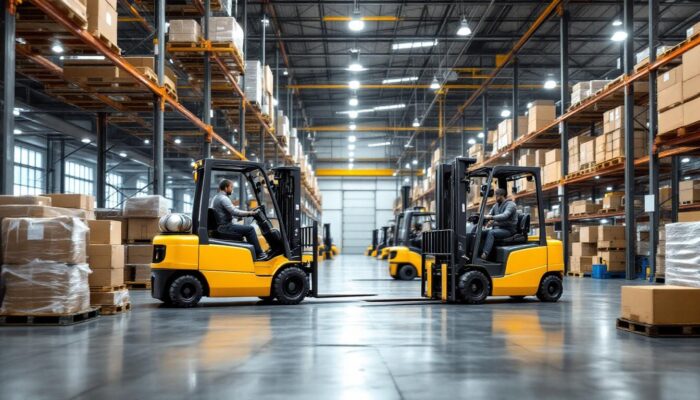 A photograph of a modern industrial warehouse setting featuring a variety of forklifts in action