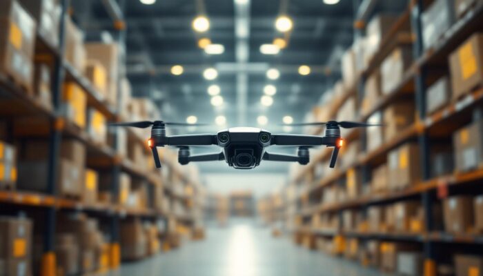 A photograph of a sleek inventory drone in action