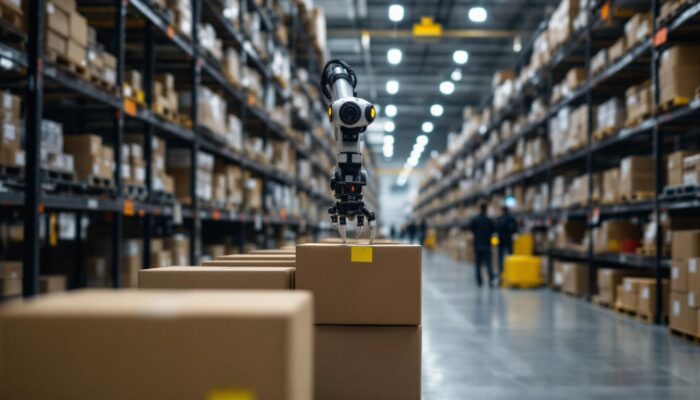 A photograph of a modern warehouse environment showcasing industrial robots in action